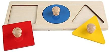 Colorful Multiple Shape Puzzles Toys for 6-12 Months 1 Year Old Toddler Babies First Shapes Geometric Jumbo Knob Wooden Puzzle Color Sorter (3 Pieces)