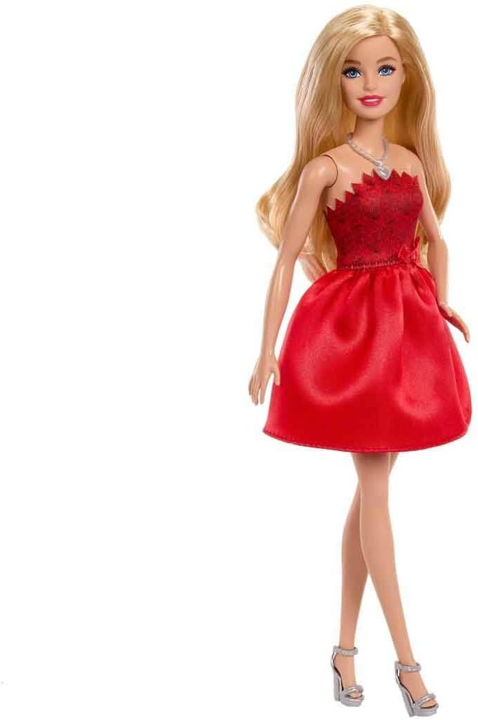 Mattel 80th Anniversary Ruby-Red Celebration Blonde Fashion Doll Wearing Red Dress with Silvery Shoes & Necklace, Collectible Toy