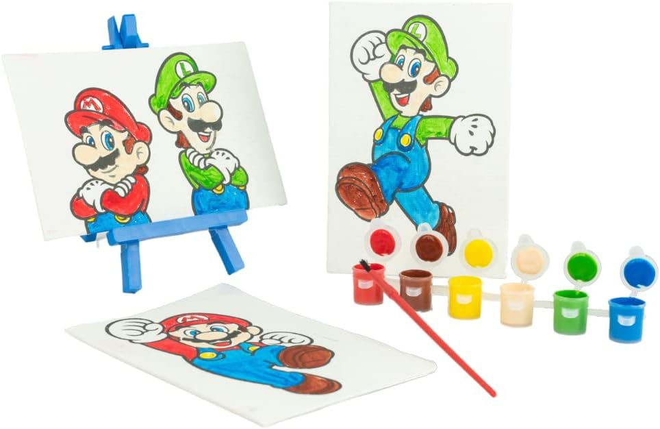 Super Mario Canvas Paint Set for Kids with 3 Canvases, Acrylic Paint