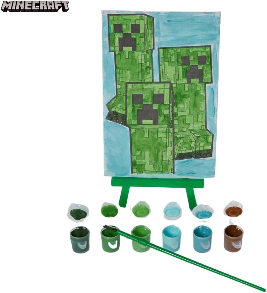 Minecraft Canvas Paint Set for Kids with 3 Canvases, Acrylic Paint, Paintbrush, & Easel