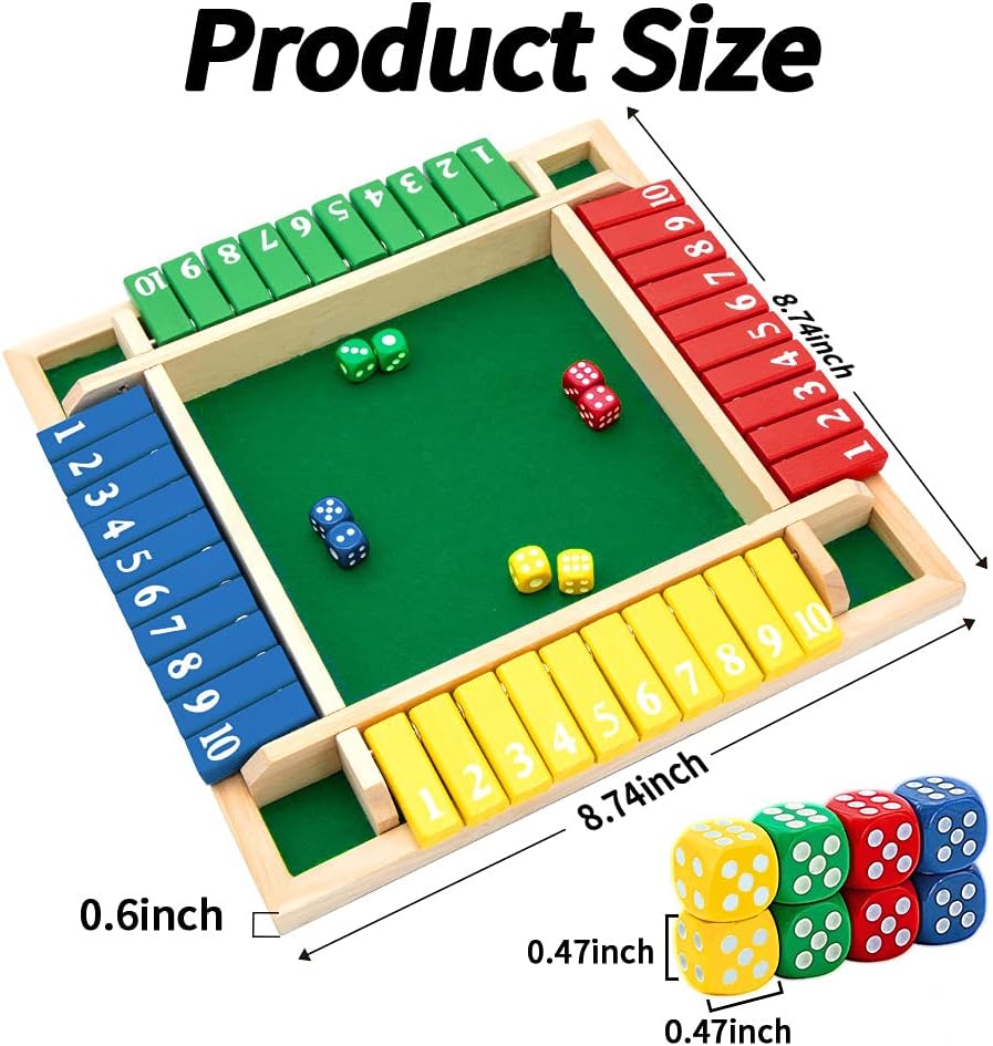 Shut The Box Dice Game,2-4 Player Family Wooden Board Table Math Games for Adults and Kids, 8 Dices Classics Games for Classroom,Home,Party or Pub