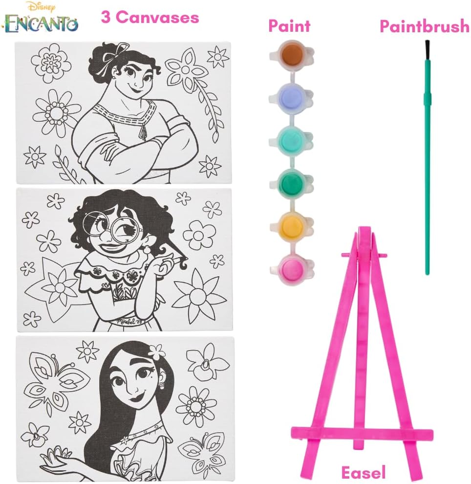 Disney Encanto Canvas Paint Set for Kids with 3 Canvases, Acrylic Paint, Paintbrush, & Easel