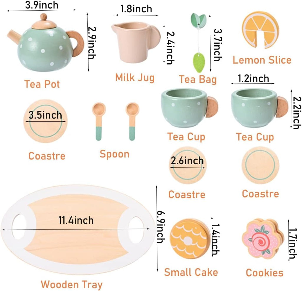 Wooden Tea Set for Little Girls, MONT PLEASANT Wooden Toys, Toddler Tea Set Play Kitchen Accessories Play Food playset for Kids Tea Party