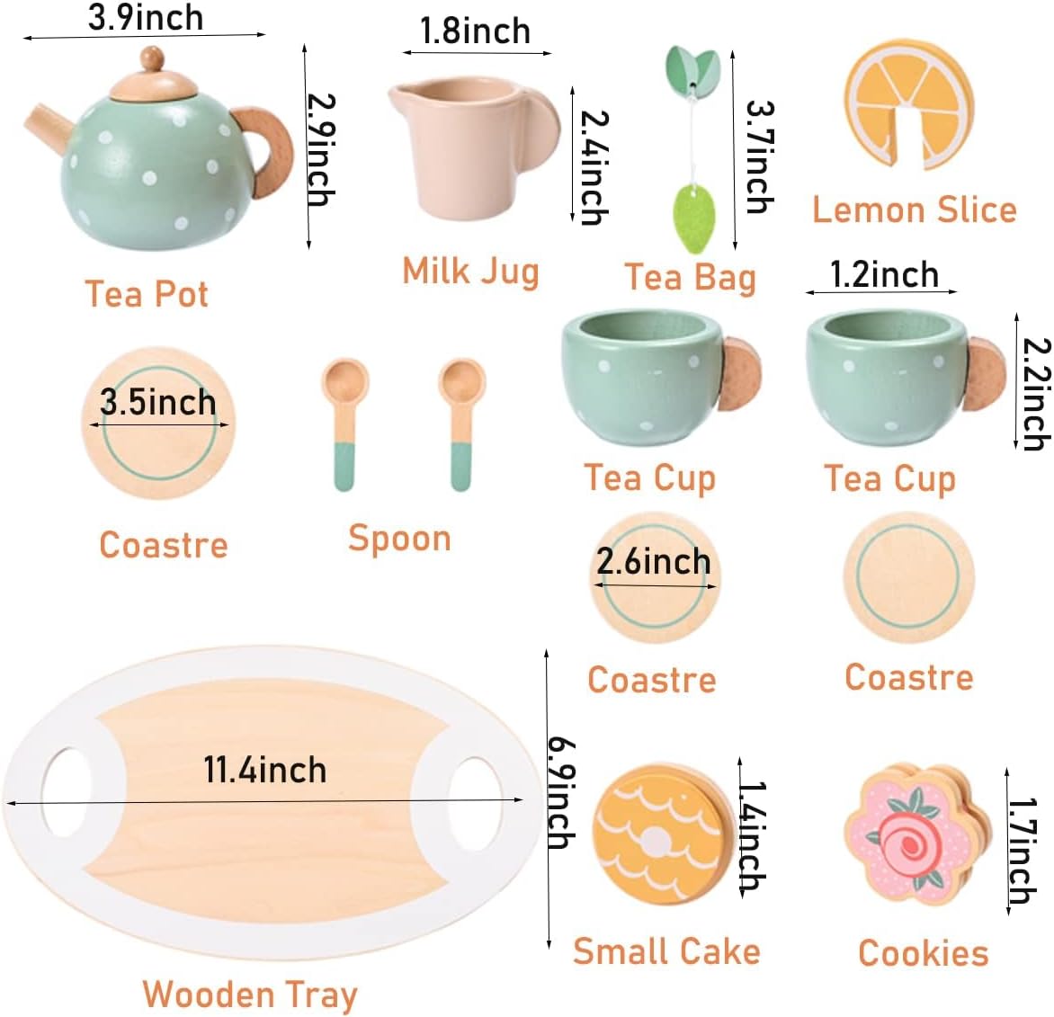 Wooden Tea Set for Little Girls, MONT PLEASANT Wooden Toys, Toddler Tea Set Play Kitchen Accessories Play Food playset for Kids Tea Party