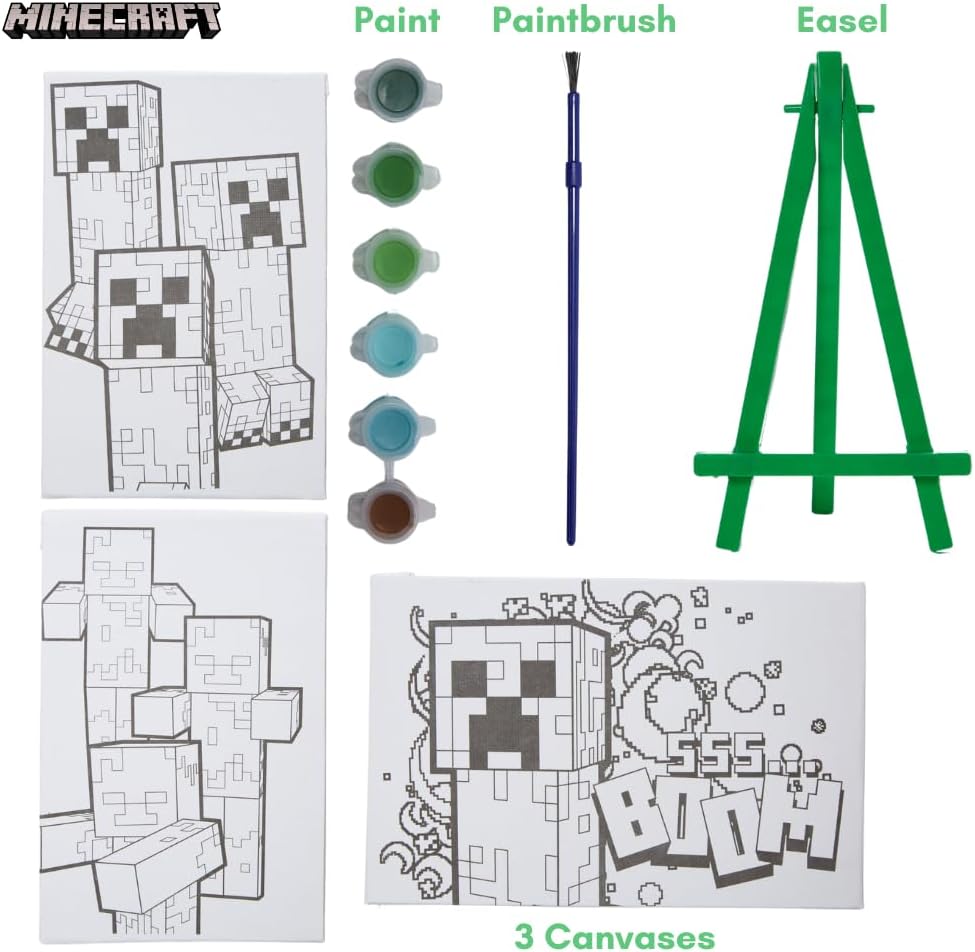 Minecraft Canvas Paint Set for Kids with 3 Canvases, Acrylic Paint, Paintbrush, & Easel
