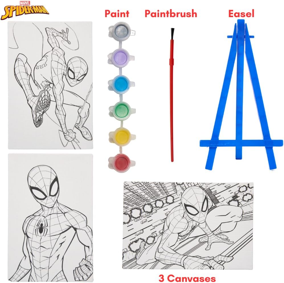 Marvel Spiderman Canvas Paint Set for Kids with 3 Canvases, Acrylic Paint, Paintbrush, & Easel