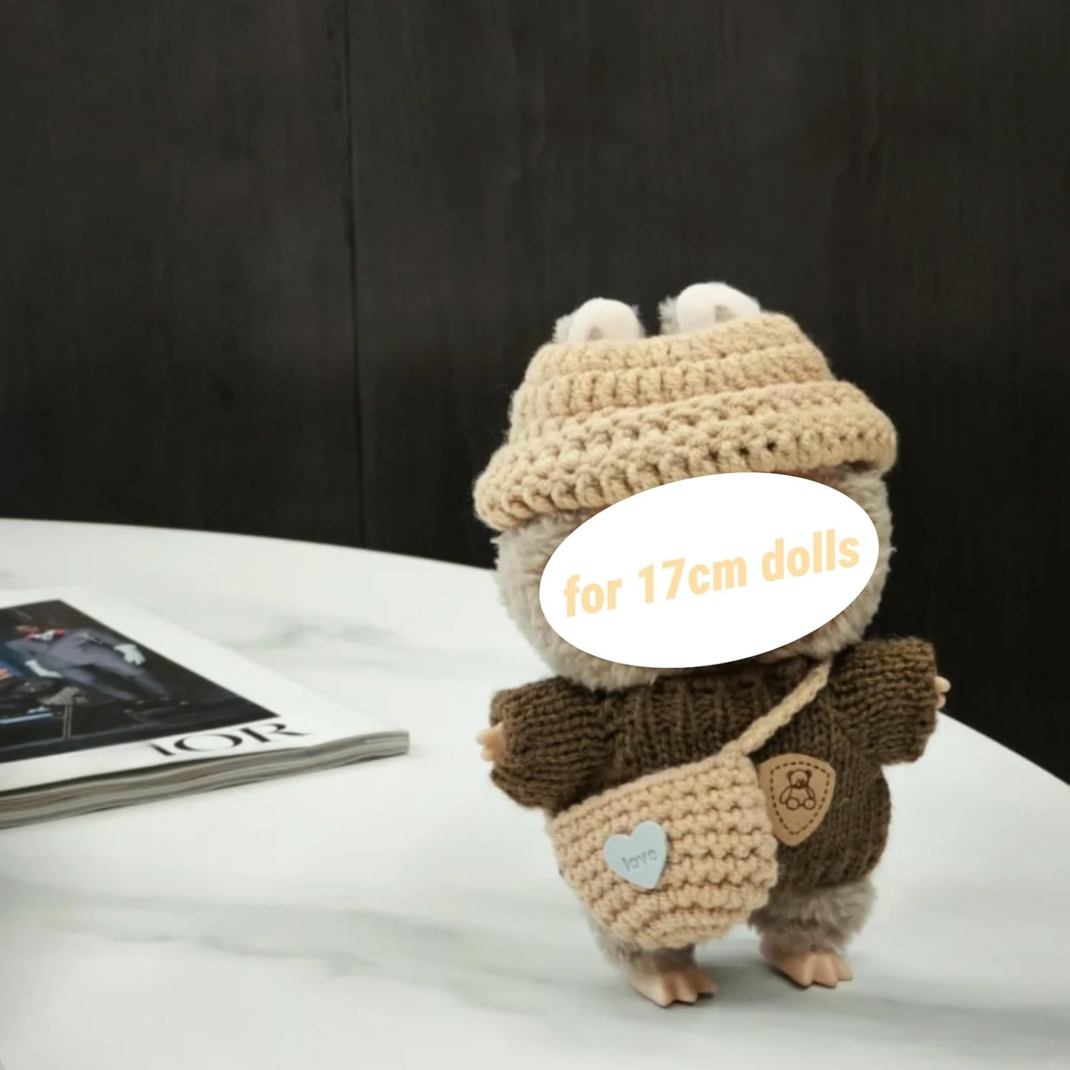 Clothes for Labubu Accessories, Clothing for Big into Energy Labubu, 3PCS Crochet Hat Sweaters Bag Set Outfit for 17cm Dolls (Brown Sweaters Baby)