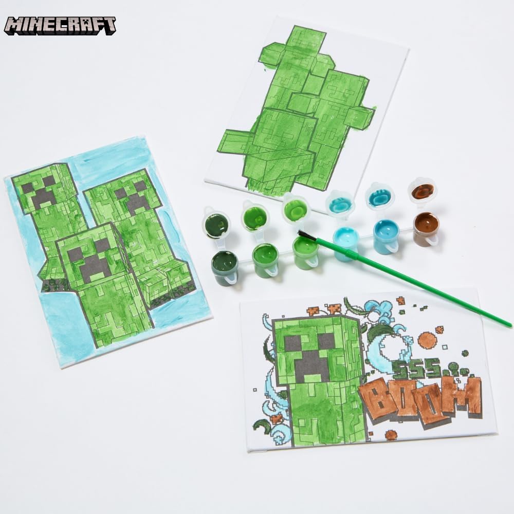Minecraft Canvas Paint Set for Kids with 3 Canvases, Acrylic Paint, Paintbrush, & Easel