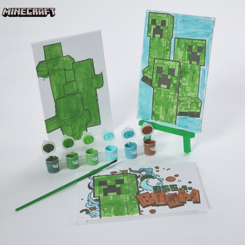 Minecraft Canvas Paint Set for Kids with 3 Canvases, Acrylic Paint, Paintbrush, & Easel