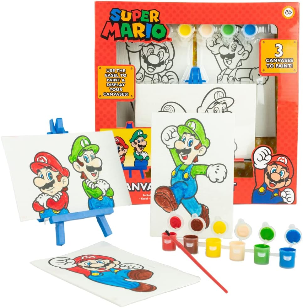Super Mario Canvas Paint Set for Kids with 3 Canvases, Acrylic Paint