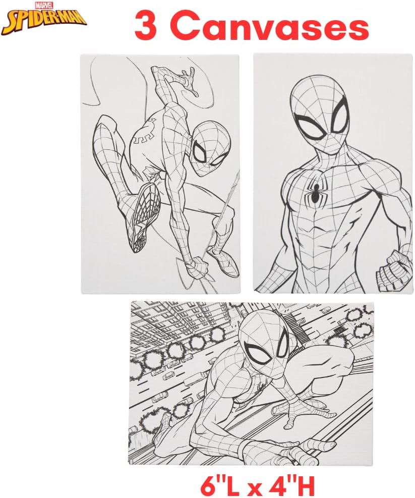 Marvel Spiderman Canvas Paint Set for Kids with 3 Canvases, Acrylic Paint, Paintbrush, & Easel