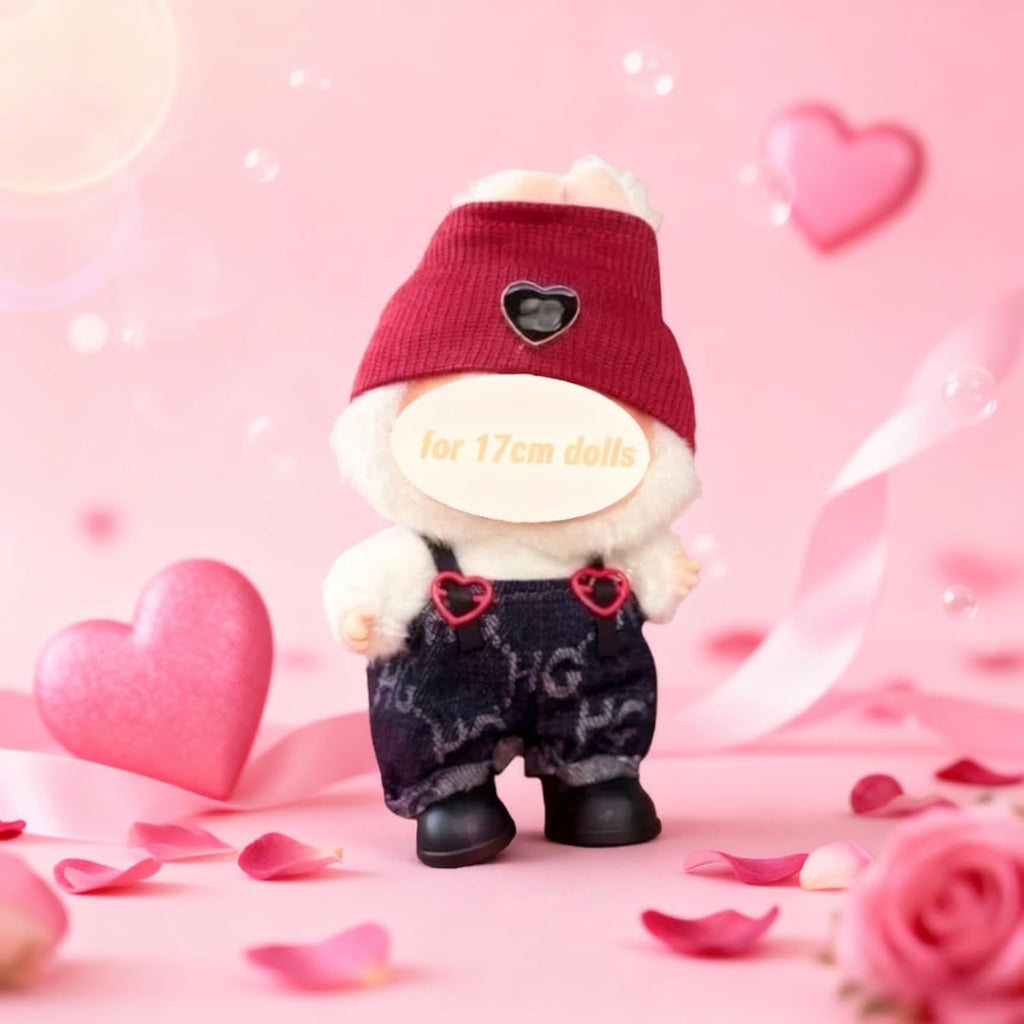 Clothes for Labubu, Valentine's Day Clothing for Big into Energy Labubu, Heart Hat & Overalls Set for 17cm Dolls (Beanie & Heart Overalls)