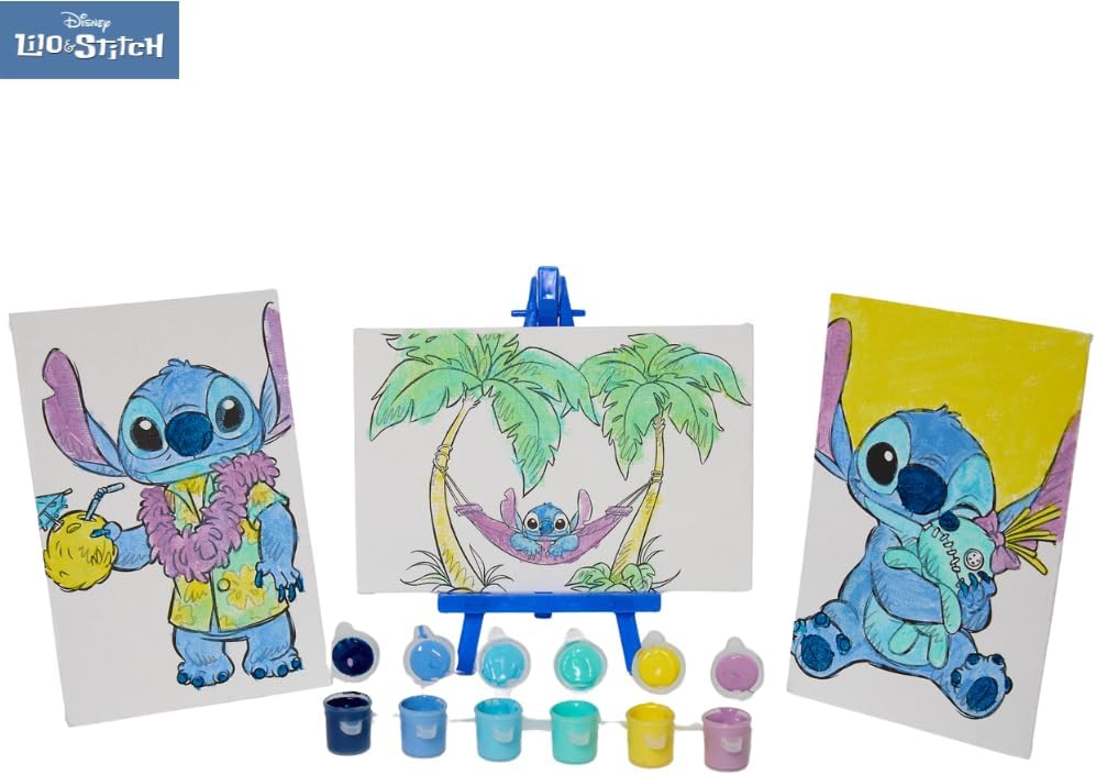 Disney Lilo and Stitch Canvas Paint Set for Kids with 3 Canvases, Acrylic Paint, Paintbrush, & Easel