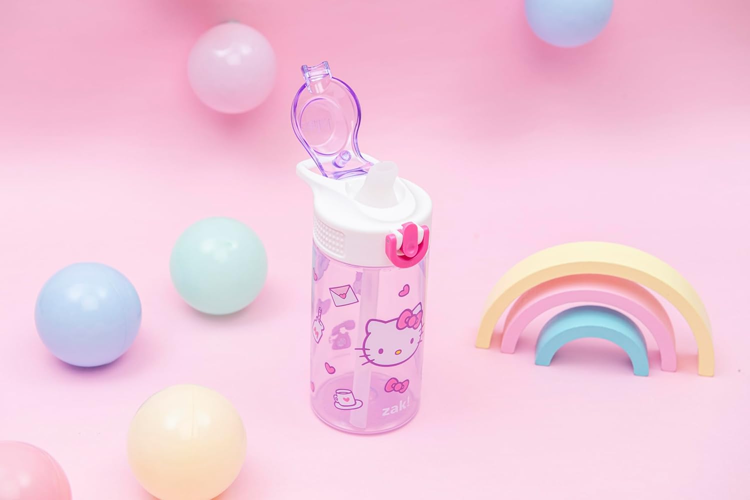 Sanrio Sage Kids Water Bottle For School or Travel, 16oz Durable Plastic Water Bottle With Straw, Handle, and Leak-Proof, Pop-Up Spout Cover (Hello Kitty)
