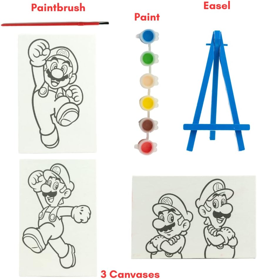 Super Mario Canvas Paint Set for Kids with 3 Canvases, Acrylic Paint