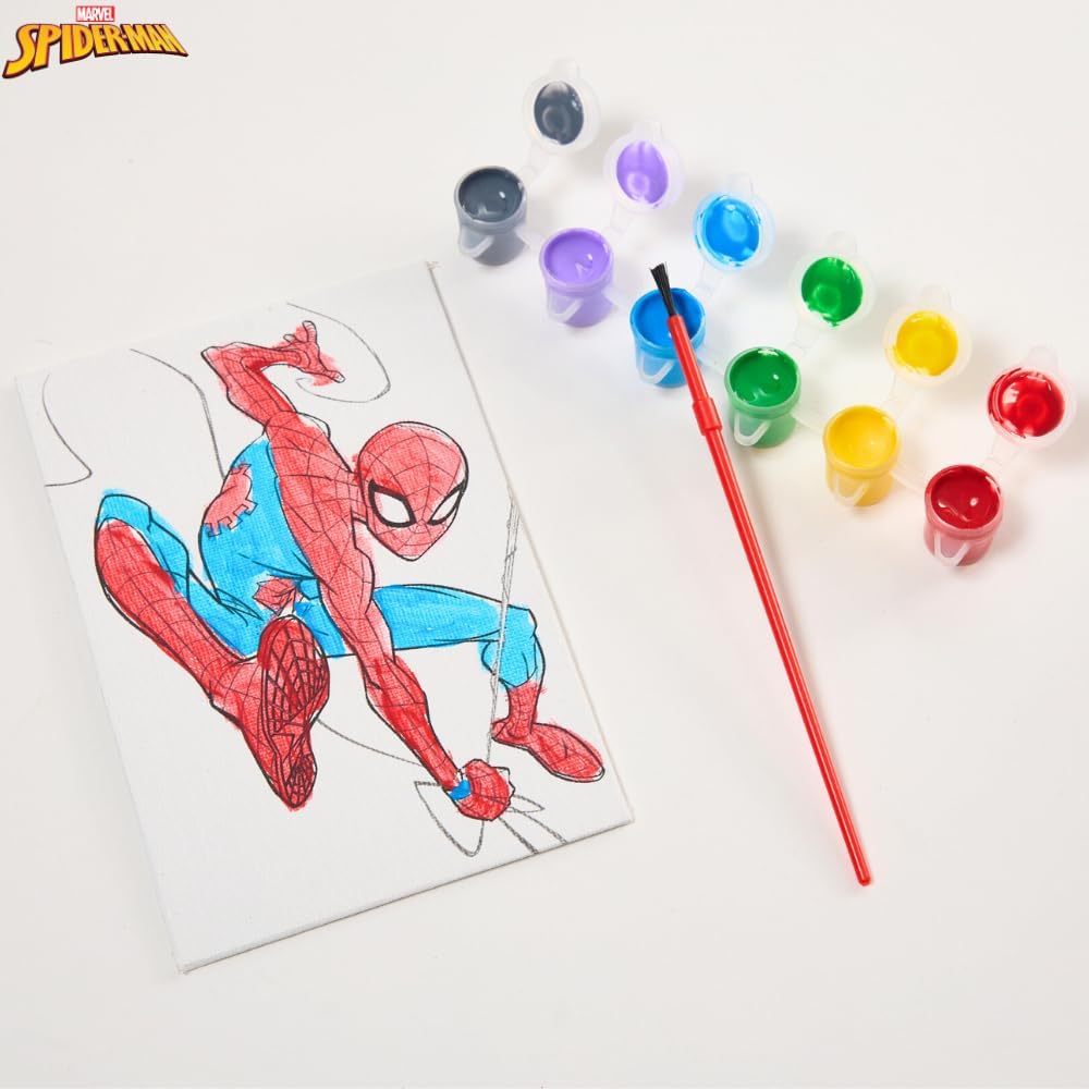 Marvel Spiderman Canvas Paint Set for Kids with 3 Canvases, Acrylic Paint, Paintbrush, & Easel