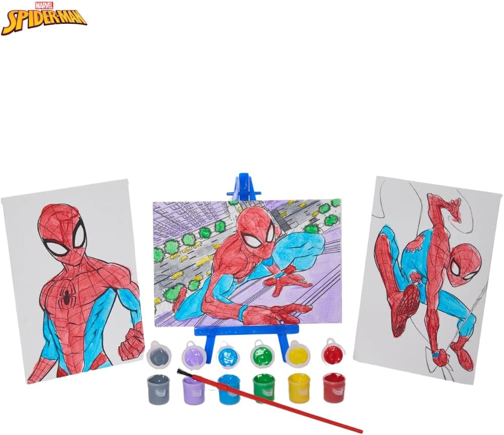 Marvel Spiderman Canvas Paint Set for Kids with 3 Canvases, Acrylic Paint, Paintbrush, & Easel