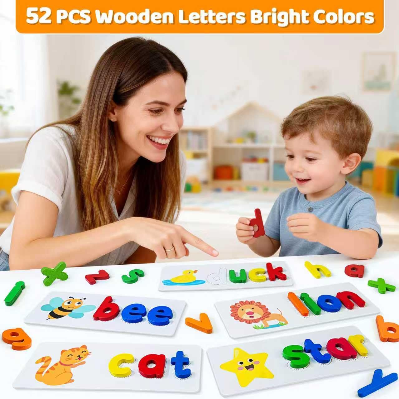Alphabet ABC Learning Educational Toys for 3 4 5 Years Old Boys Girls, Wooden Puzzle Flash Cards Preschool Activity Letter Matching Games for Kids Toddlers