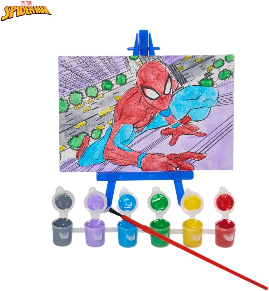 Marvel Spiderman Canvas Paint Set for Kids with 3 Canvases, Acrylic Paint, Paintbrush, & Easel