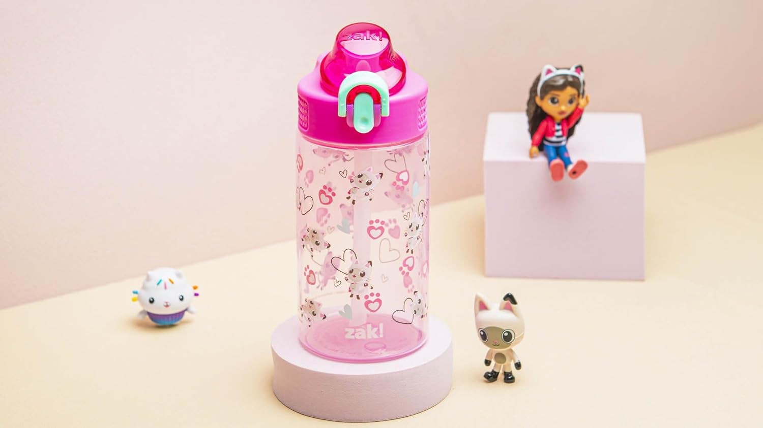DreamWorks Gabby's Dollhouse Sage Water Bottle For School or Travel, 16oz Durable Plastic Water Bottle With Straw, Handle, and Leak-Proof, Pop-Up Spout Cover (Pandy Paws)