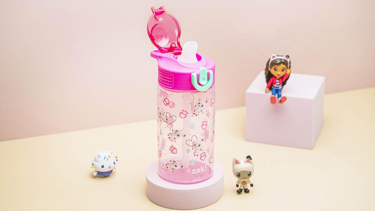DreamWorks Gabby's Dollhouse Sage Water Bottle For School or Travel, 16oz Durable Plastic Water Bottle With Straw, Handle, and Leak-Proof, Pop-Up Spout Cover (Pandy Paws)