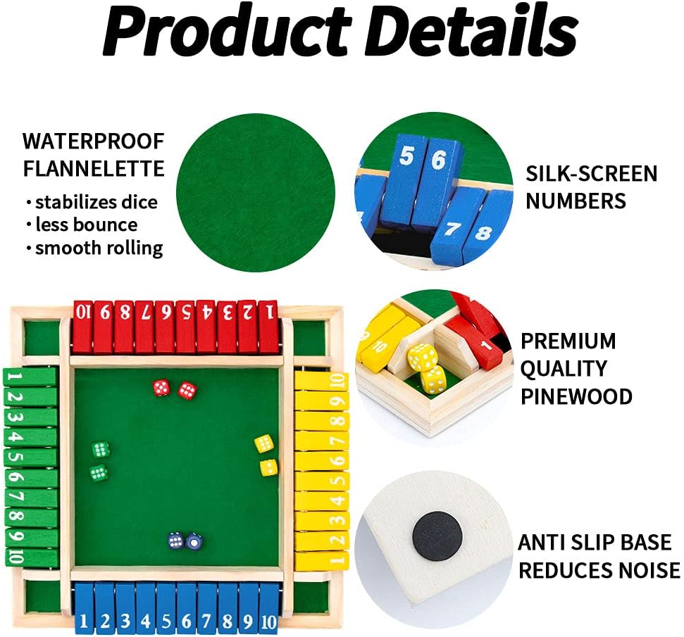 Shut The Box Dice Game,2-4 Player Family Wooden Board Table Math Games for Adults and Kids, 8 Dices Classics Games for Classroom,Home,Party or Pub