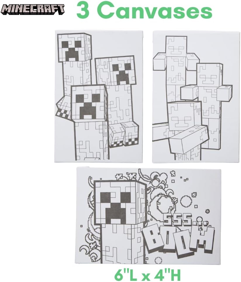 Minecraft Canvas Paint Set for Kids with 3 Canvases, Acrylic Paint, Paintbrush, & Easel