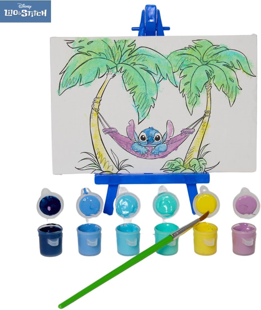 Disney Lilo and Stitch Canvas Paint Set for Kids with 3 Canvases, Acrylic Paint, Paintbrush, & Easel