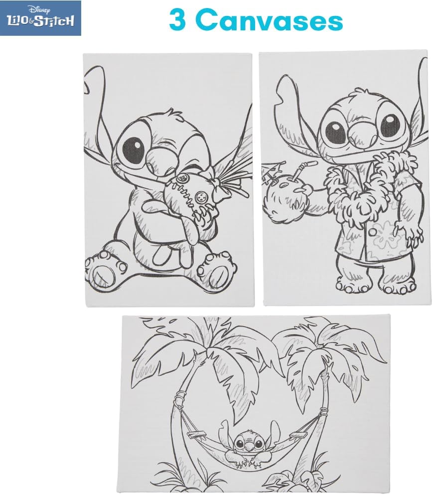 Disney Lilo and Stitch Canvas Paint Set for Kids with 3 Canvases, Acrylic Paint, Paintbrush, & Easel