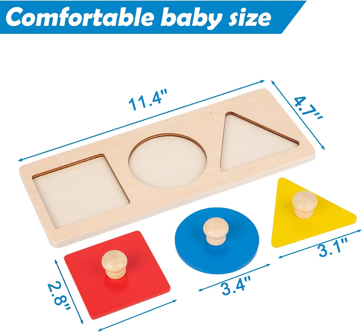 Colorful Multiple Shape Puzzles Toys for 6-12 Months 1 Year Old Toddler Babies First Shapes Geometric Jumbo Knob Wooden Puzzle Color Sorter (3 Pieces)