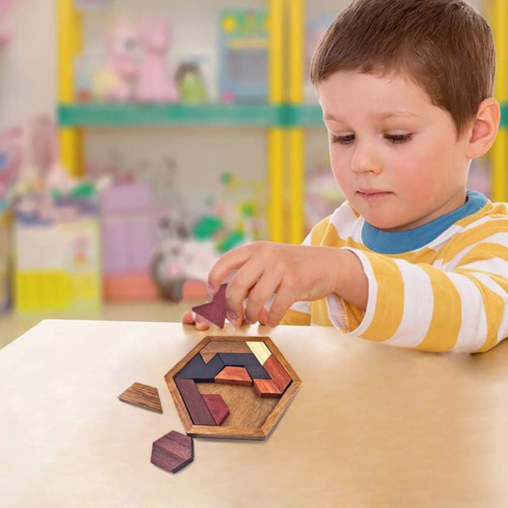 Hexagon Tangram Puzzle Wooden Brain Puzzles for Kids & Adult Challenge Wooden Brain Teasers Puzzle Games for Family Party Gift - Brain Games for Kids