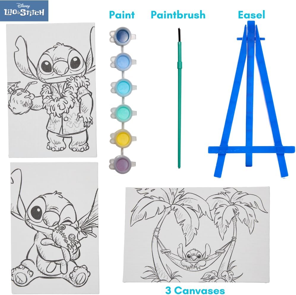 Disney Lilo and Stitch Canvas Paint Set for Kids with 3 Canvases, Acrylic Paint, Paintbrush, & Easel