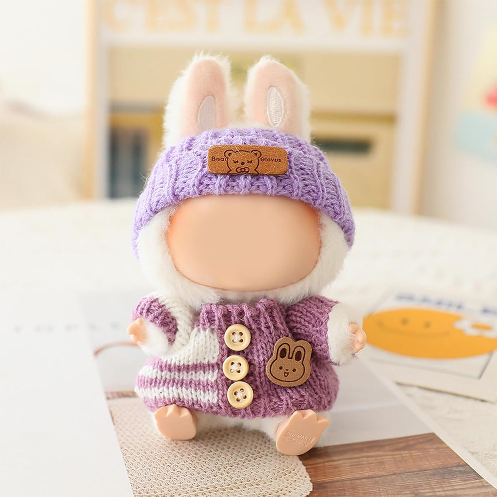 Clothes for LABUBU Doll (NO Doll), Handcrafted Crochet 3-Piece Accessories for LABUBU 17cm Dolls, Premium Outfit - Bunny Sweater + Hat + Bag, Cute Clothes for Dress up Unique Style (Purple)