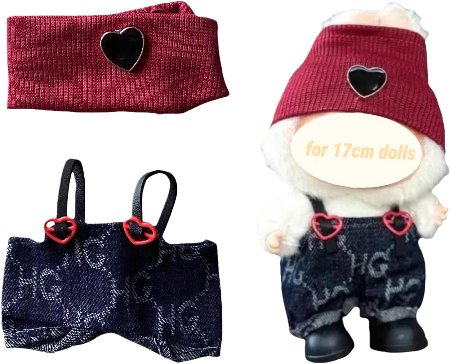 Clothes for Labubu, Valentine's Day Clothing for Big into Energy Labubu, Heart Hat & Overalls Set for 17cm Dolls (Beanie & Heart Overalls)