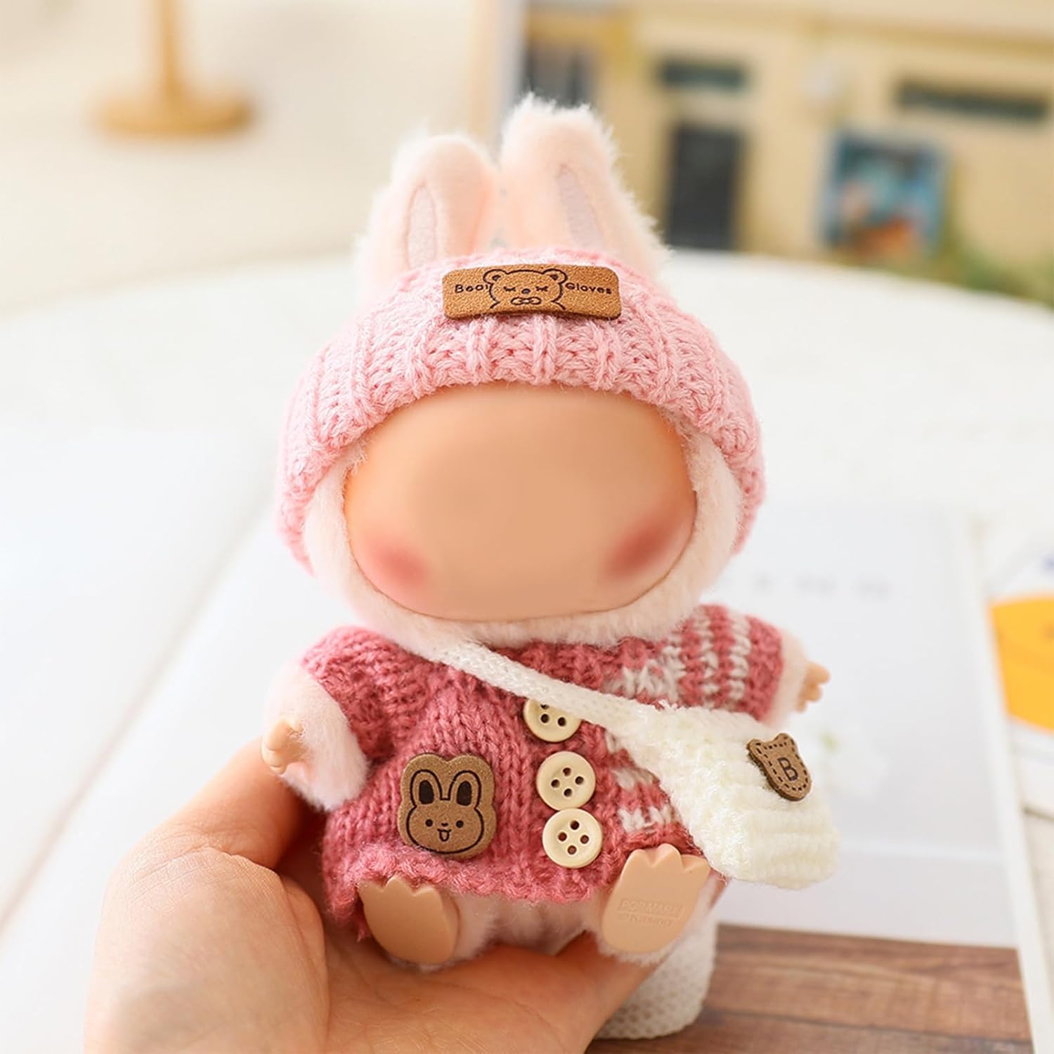 Clothes for LABUBU Doll (NO Doll), Handcrafted Crochet 3-Piece Accessories for LABUBU 17cm Dolls, Premium Outfit - Bunny Sweater + Hat + Bag, Cute Clothes for Dress up Unique Style (Pink)