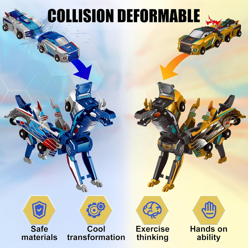 Magnetic Dinosaur Car Toy - 2 in 1 Crash & Transform Vehicle to Dino, No Battery Needed for Kids Age 3-12, Birthday Gift (Gold Blue)