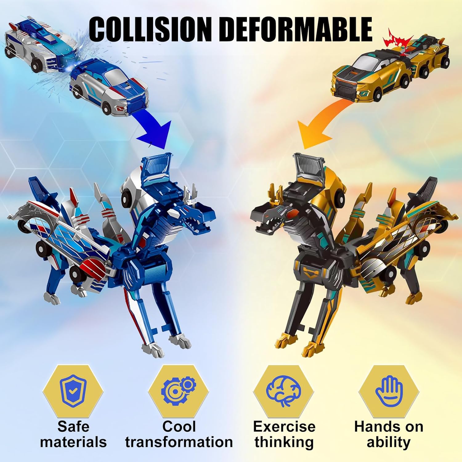 Magnetic Dinosaur Car Toy - 2 in 1 Crash & Transform Vehicle to Dino, No Battery Needed for Kids Age 3-12, Birthday Gift (Gold Blue)
