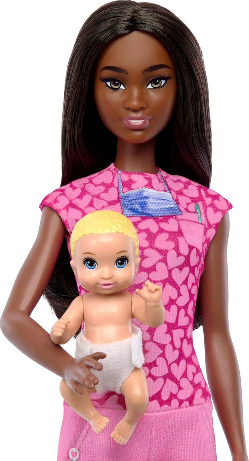 Baby Doctor Playset with Brunette Fashion Doll Wearing Pink Scrubs, Baby Doll, Furniture & Accessories