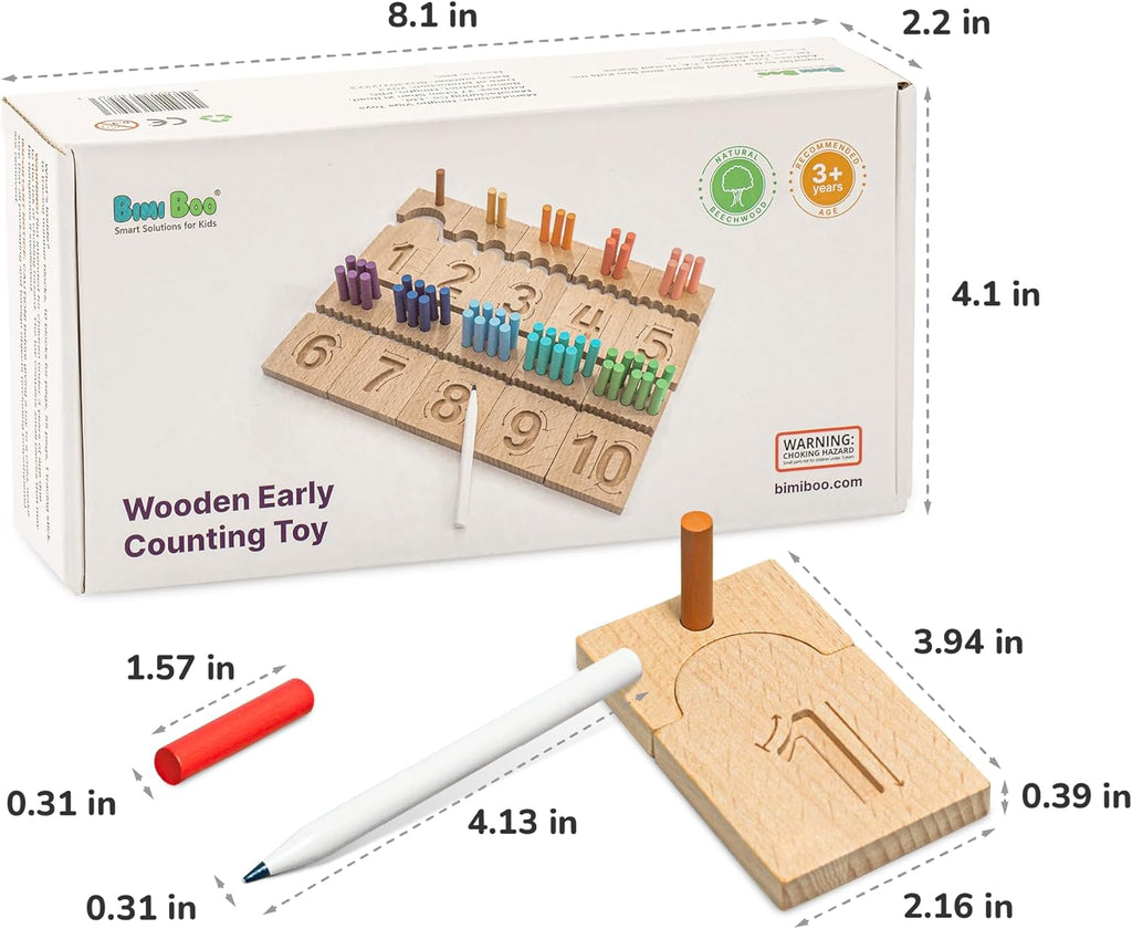 Counting Peg Boards and Number Tracing for Kids - Wooden Montessori Arithmetic Math Toy Set for Toddlers and Preschoolers - Math Manipulatives for Kindergarten (55 Pegs, 10 Boards, 1 Pencil)