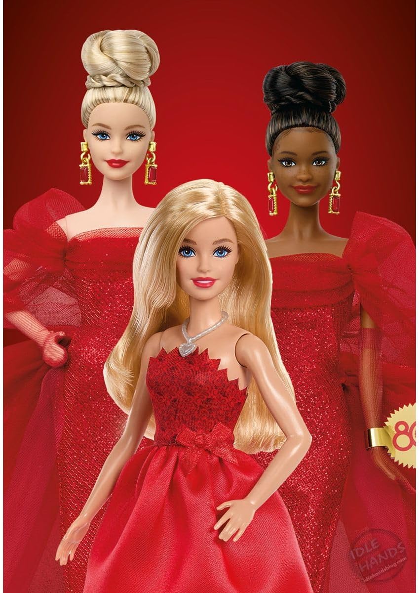 Mattel 80th Anniversary Ruby-Red Celebration Blonde Fashion Doll Wearing Red Dress with Silvery Shoes & Necklace, Collectible Toy