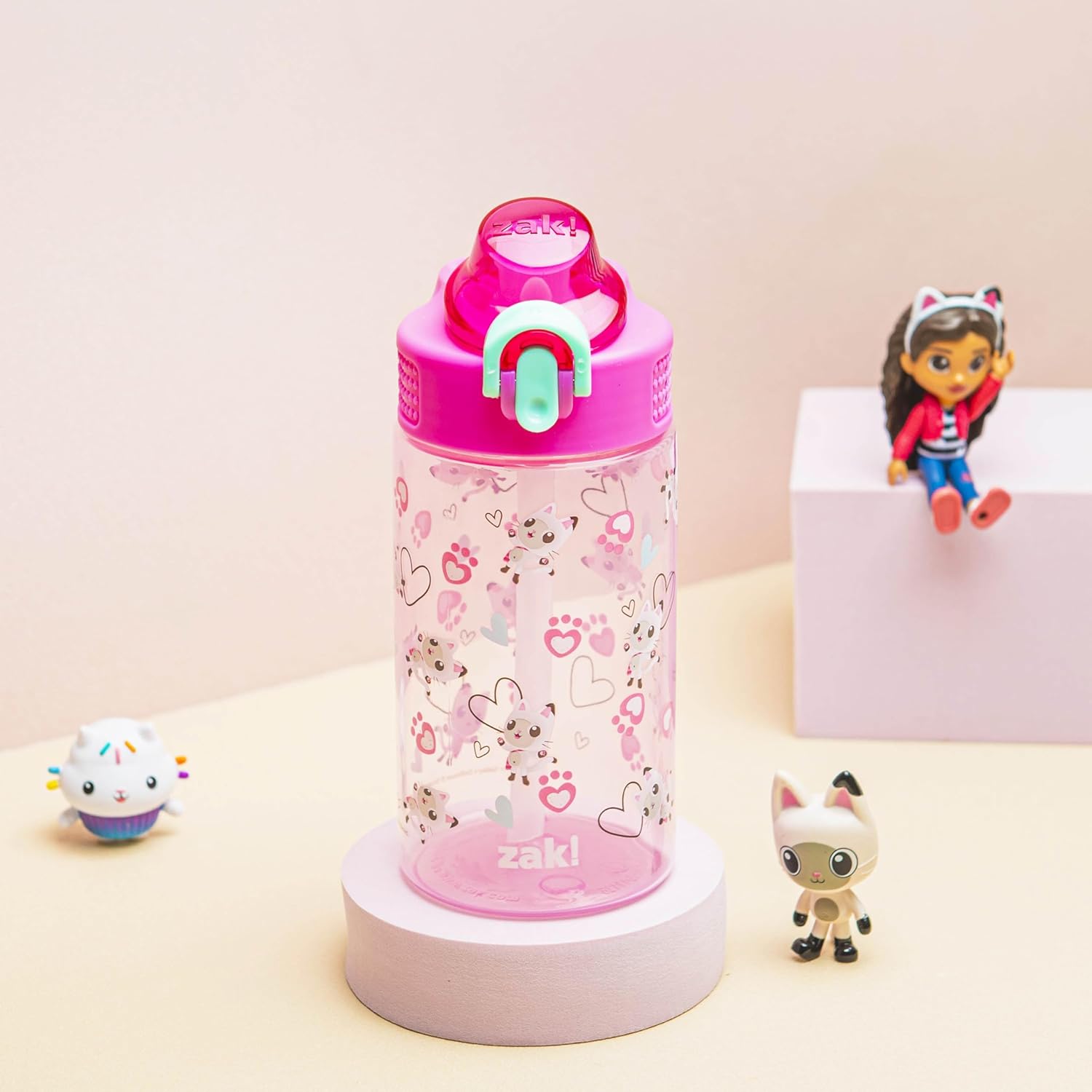 DreamWorks Gabby's Dollhouse Sage Water Bottle For School or Travel, 16oz Durable Plastic Water Bottle With Straw, Handle, and Leak-Proof, Pop-Up Spout Cover (Pandy Paws)