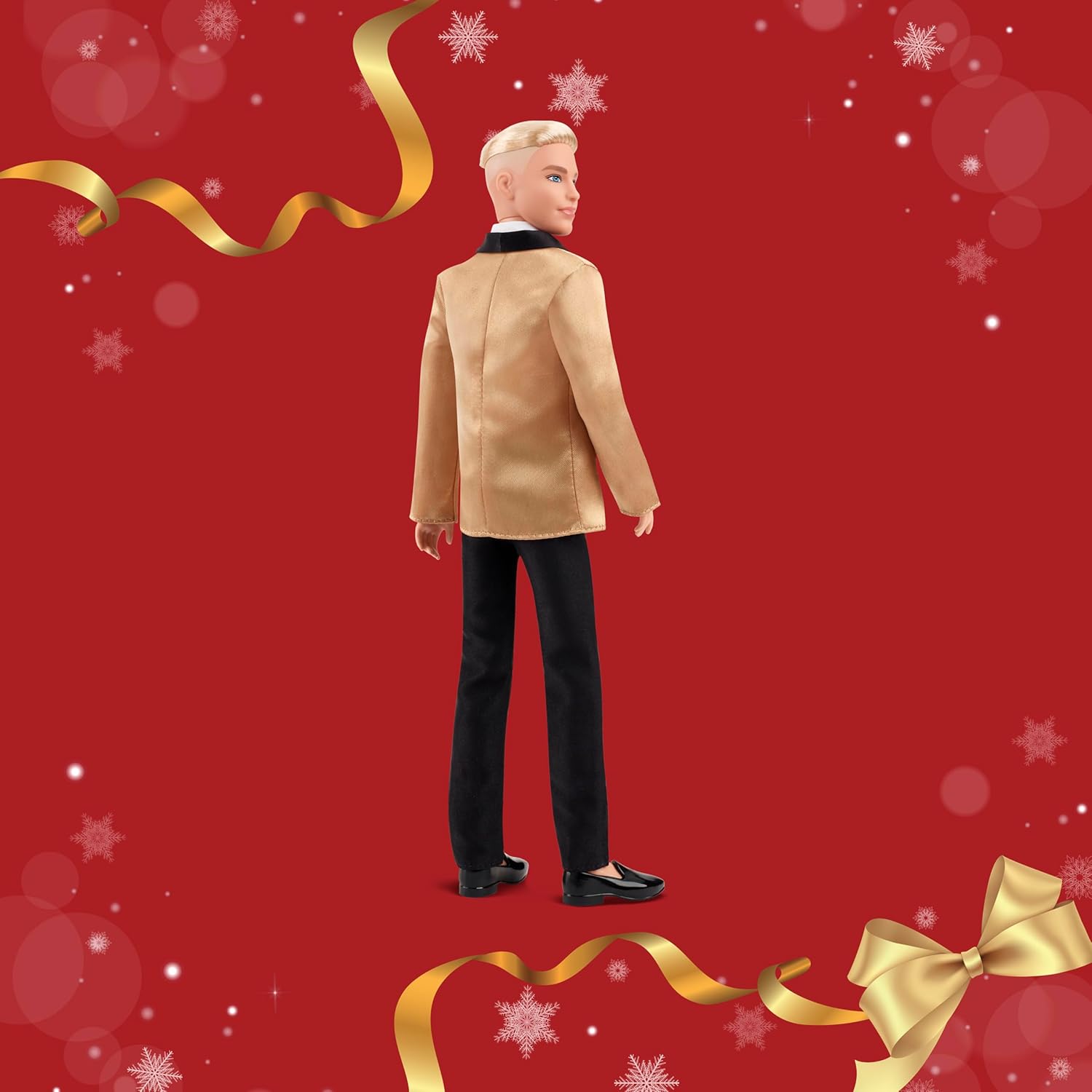 ignature 2025 Holiday Blonde Ken Collectible Fashion Doll Wearing Full Suit with Golden Jacket in Displayable Packaging & Doll Stand
