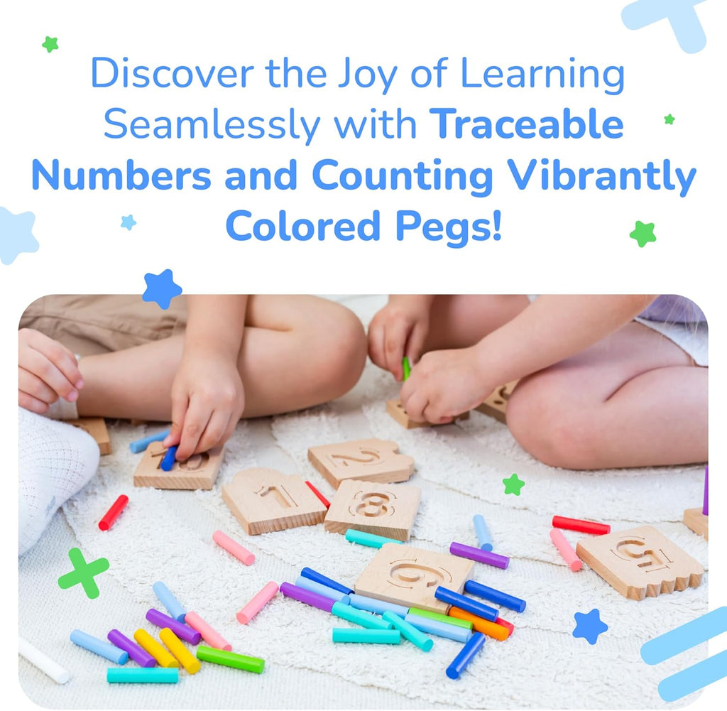 Counting Peg Boards and Number Tracing for Kids - Wooden Montessori Arithmetic Math Toy Set for Toddlers and Preschoolers - Math Manipulatives for Kindergarten (55 Pegs, 10 Boards, 1 Pencil)