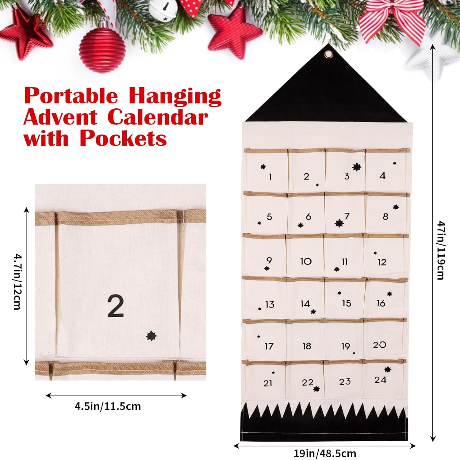 Christmas Advent Calendar, Reusable Hanging Christmas Countdown Calendar with 24 Pockets for 2025 Xmas Home Decoration