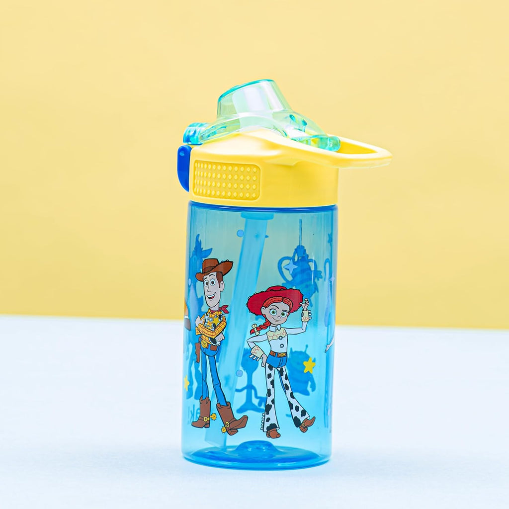 Disney Pixar Toy Story Sage Kids Water Bottle For School or Travel, 16oz Durable Plastic Water Bottle With Straw, Handle, and Leak-Proof, Pop-Up Spout Cover (Woody & Friends)