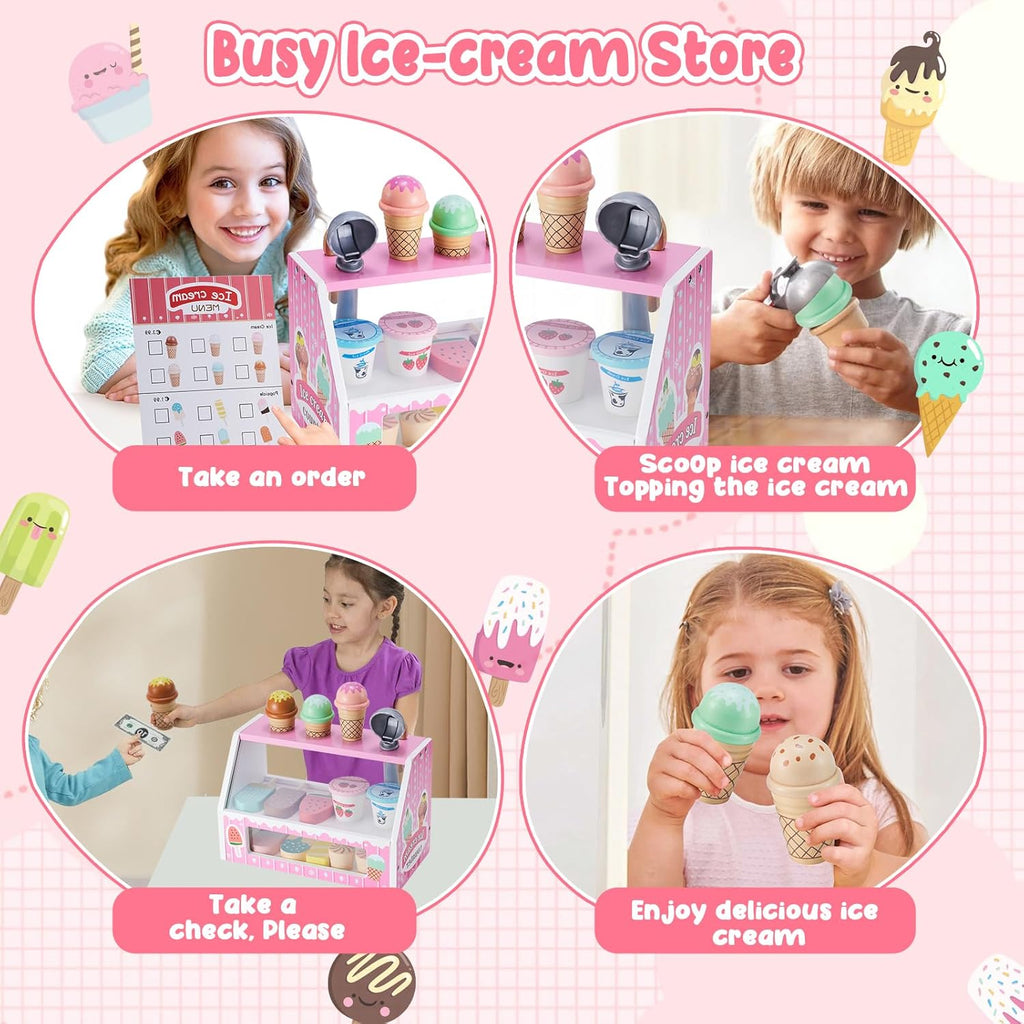 Wooden Ice Cream Counter Playset for Toddler Girl Toys, Play Store Pretend Toy Food Play Kitchen Accessories with Fake Money & Coin, Christmas Birthday Gifts for 3+ Year Old Kids (Pink)