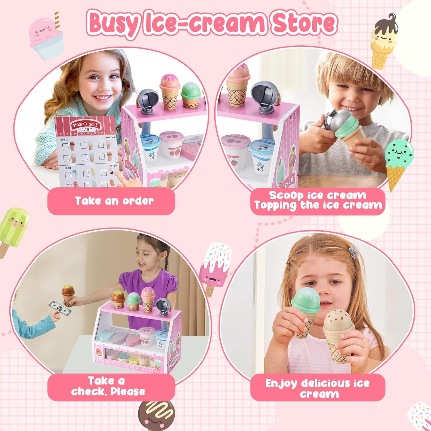Wooden Ice Cream Counter Playset for Toddler Girl Toys, Play Store Pretend Toy Food Play Kitchen Accessories with Fake Money & Coin, Christmas Birthday Gifts for 3+ Year Old Kids (Pink)