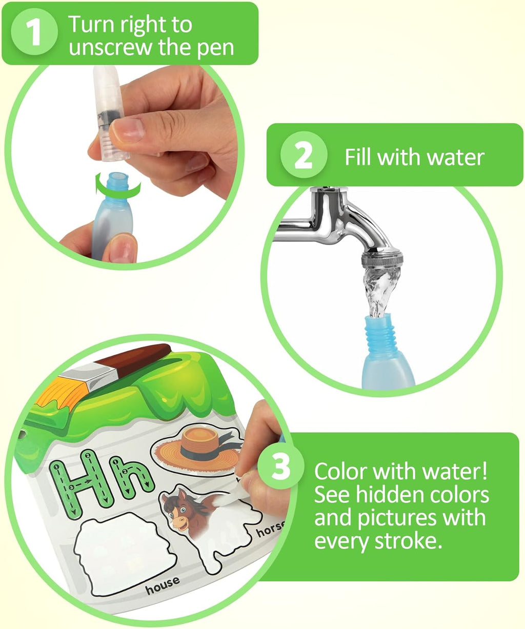 Water Painting Cards with Learning Alphabet, Reusable Aqua Painting Doddle Vocabulary Flash Cards, ABC Words Learning Educational Montessori Toy Gift for 3 4 5 Year Old Kids