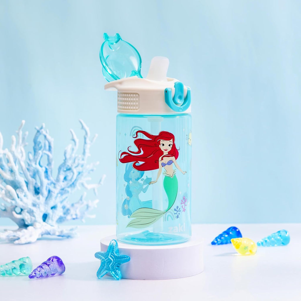 Disney Princess Sage Water Bottle For School or Travel, 16oz Durable Plastic Water Bottle With Straw, Handle, and Leak-Proof, Pop-Up Spout Cover (Ariel & Jasmine)