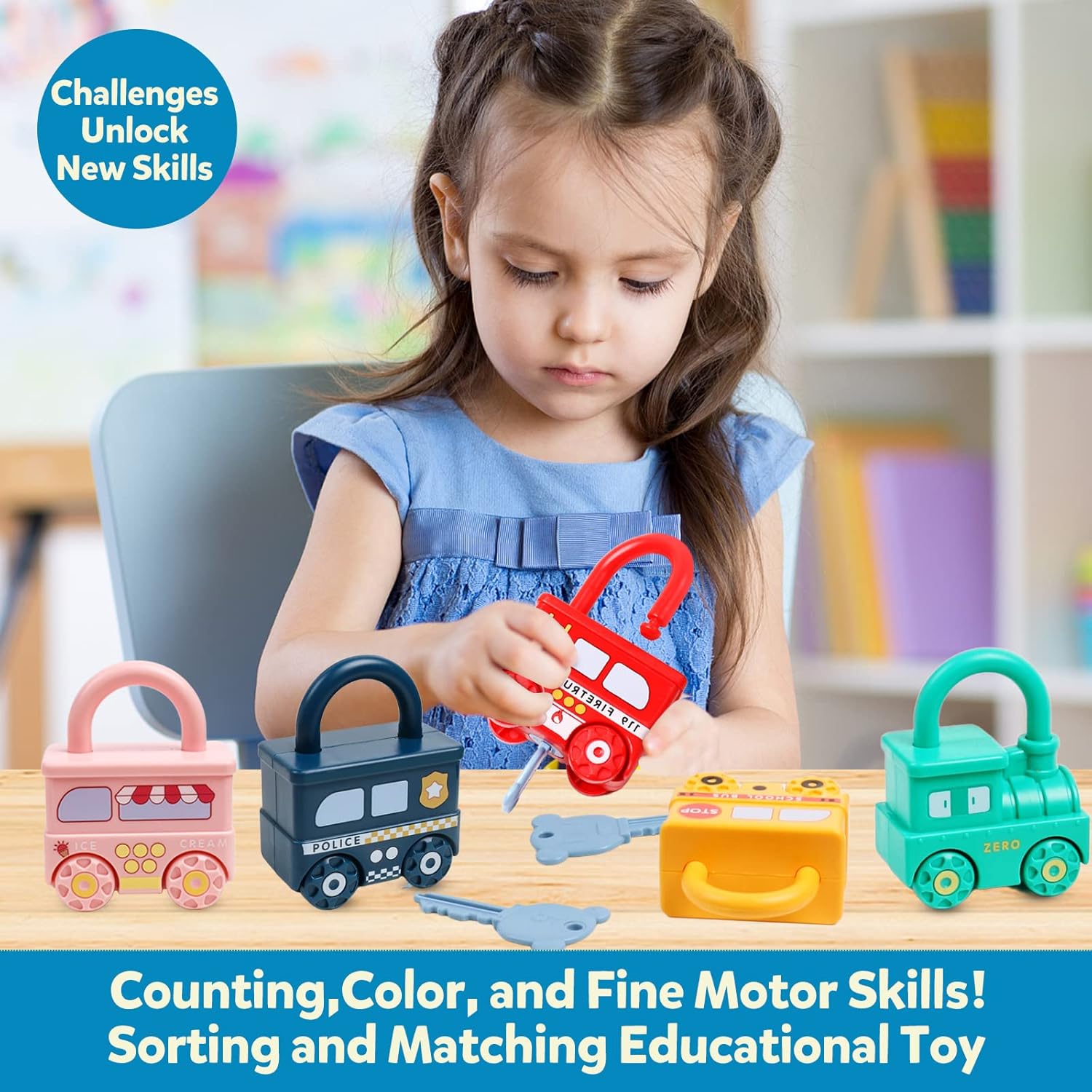 Learning Toys Sorting & Matching Locks and Keys Toddlers Sensory Car Activity Fine Motor Toy, Birthday Party Favors Valentine's Gifts Back to School Stuffers for Kids Age 2-5 Years